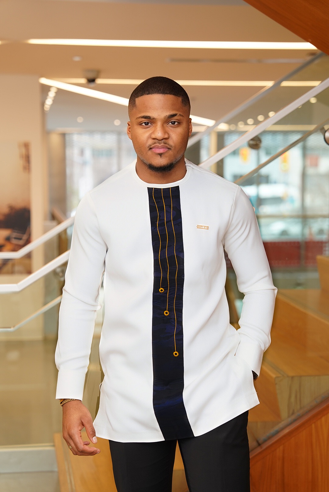 Ivory Kaftan with Embroidered Navy Panel (2-Piece Set)