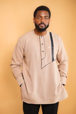 Beige 2-Piece Set with Asymmetric Plastron and Floral Embroidery