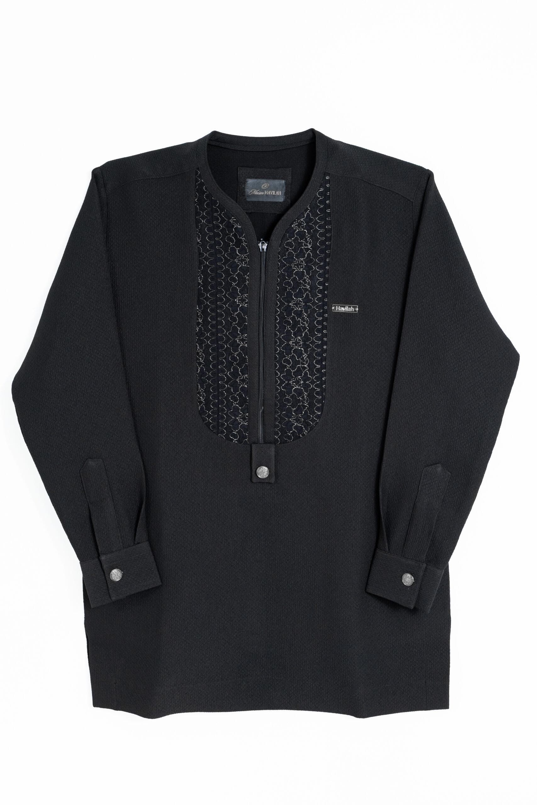 Black 2-Piece Set with Floral Embroidery and Zipper Closure