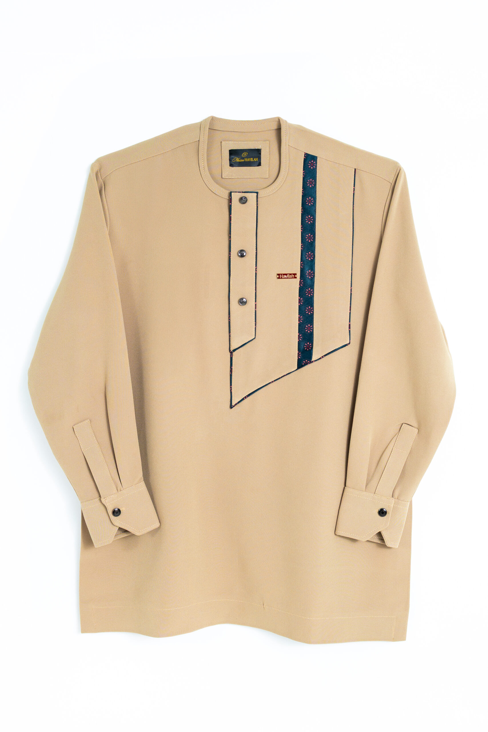 Beige 2-Piece Set with Asymmetric Plastron and Floral Embroidery