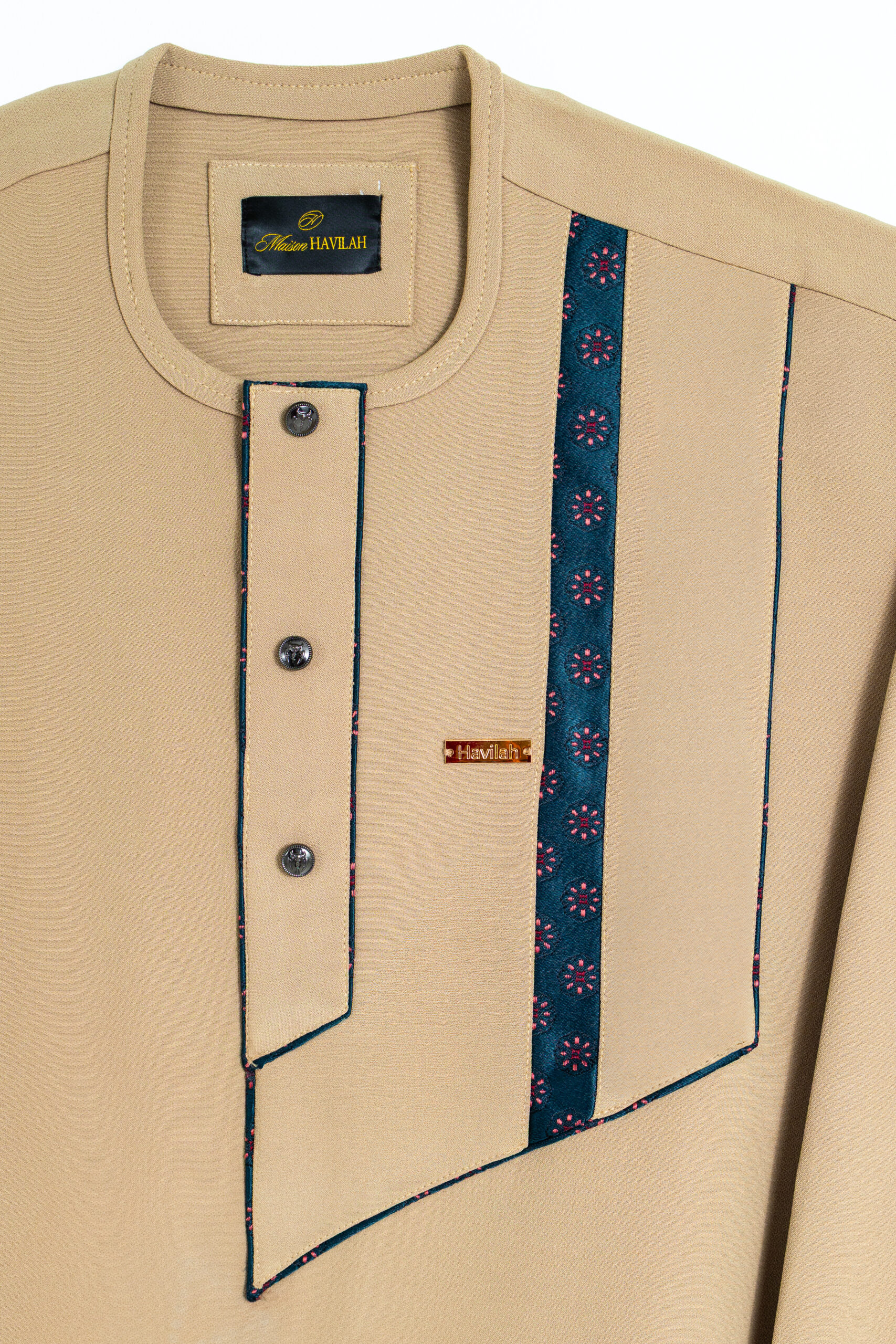 Beige 2-Piece Set with Asymmetric Plastron and Floral Embroidery