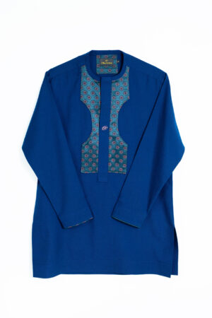 Imperial Blue Kaftan with Embroidered Plastron and Floral Lining
