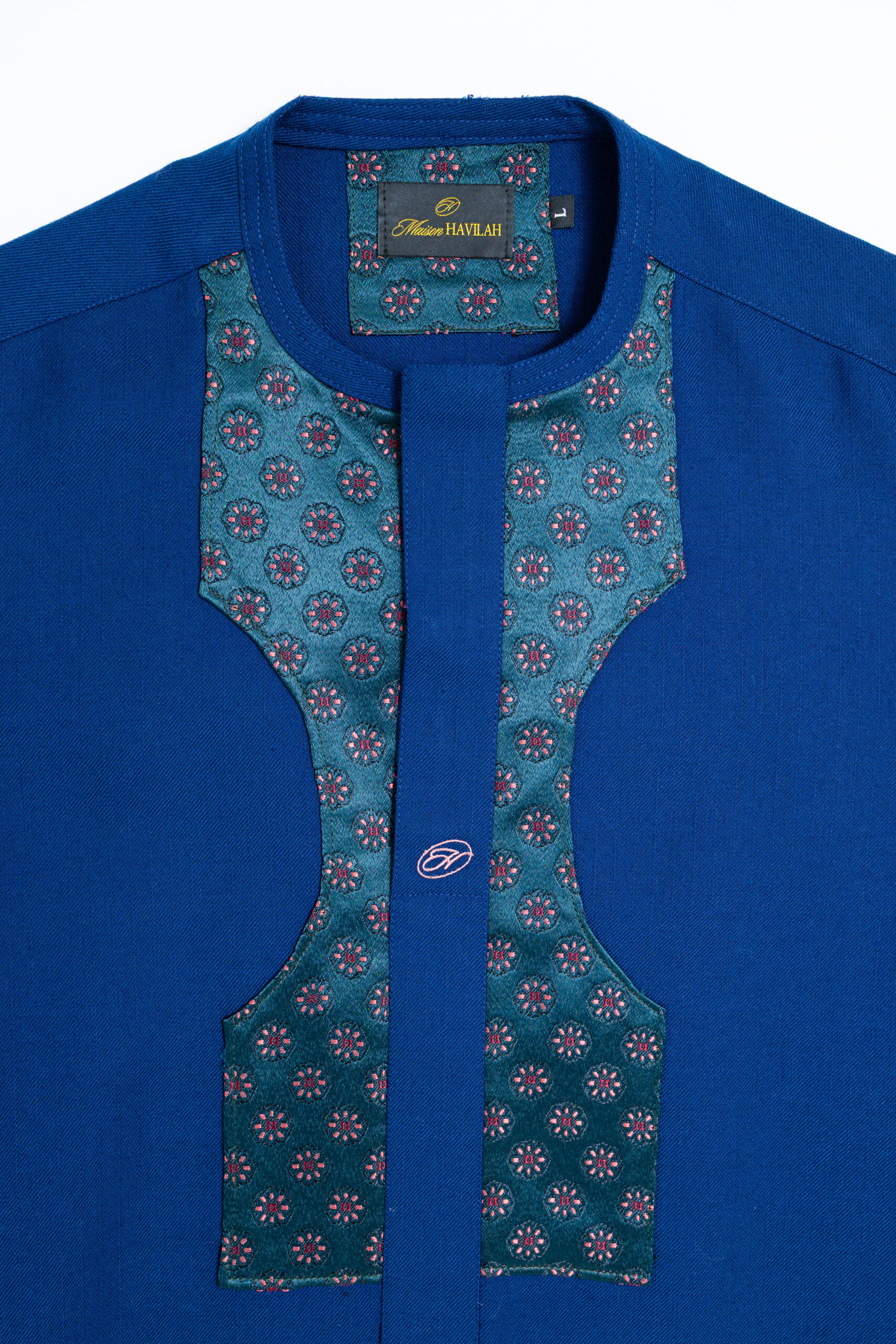 Imperial Blue Kaftan with Embroidered Plastron and Floral Lining