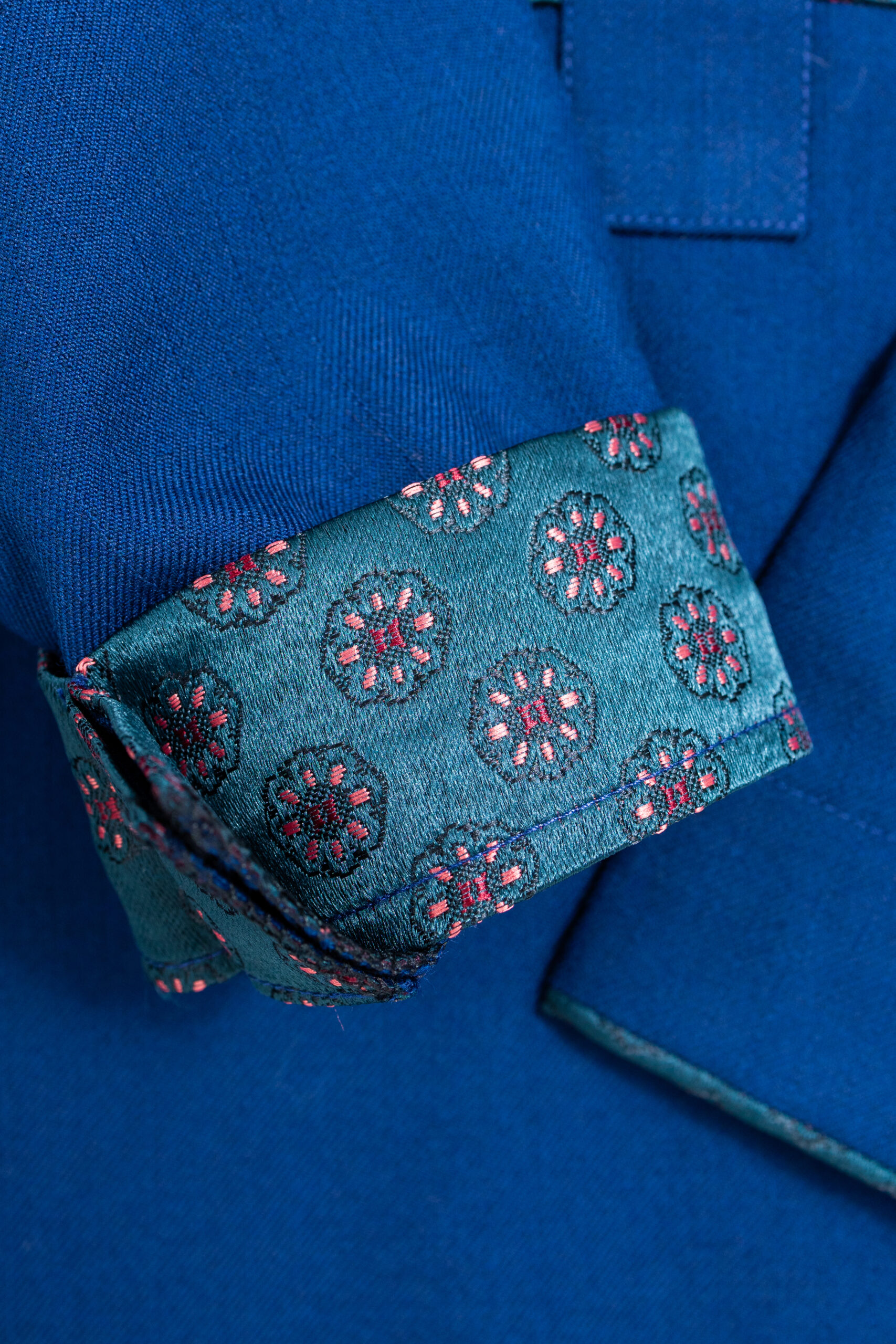 Imperial Blue Kaftan with Embroidered Plastron and Floral Lining