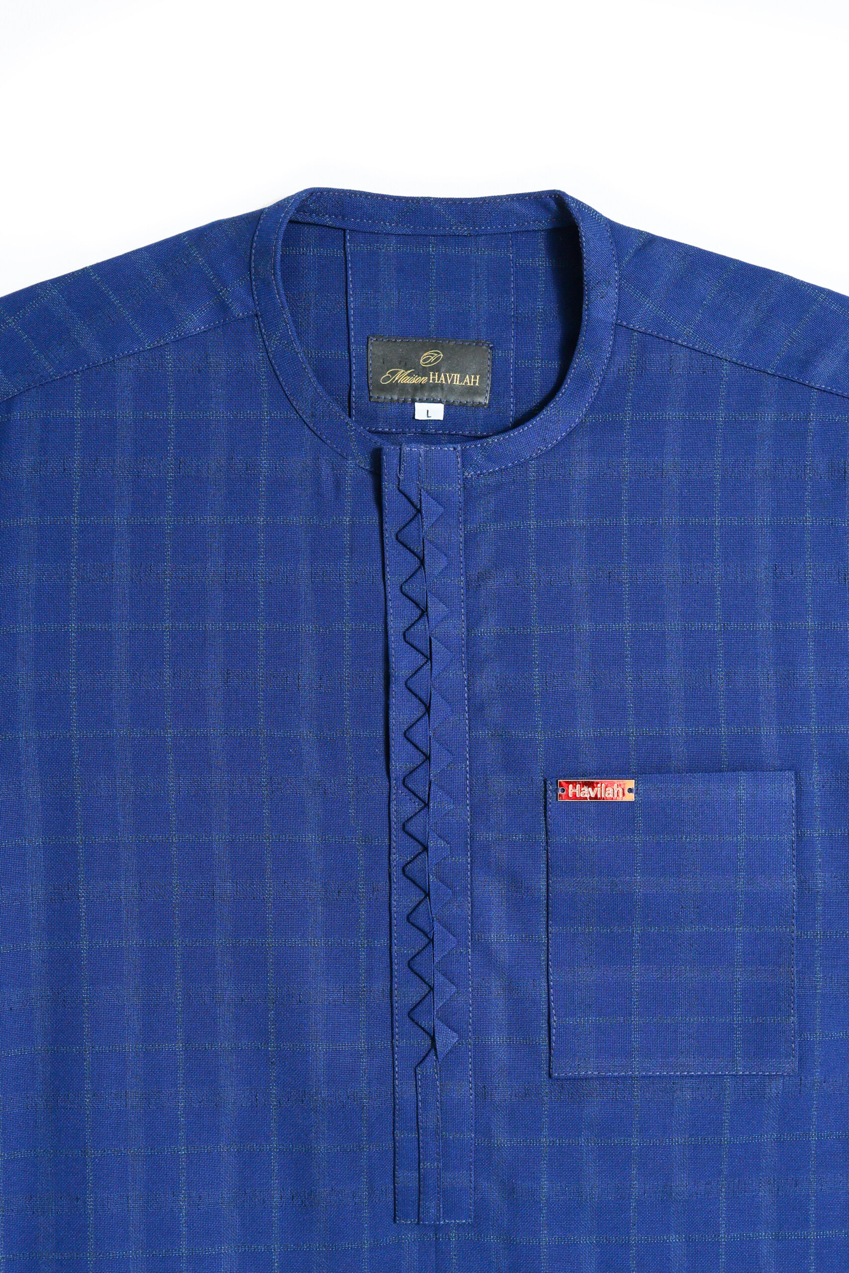 Light Blue Kaftan with Check Pattern and Zigzag Detail