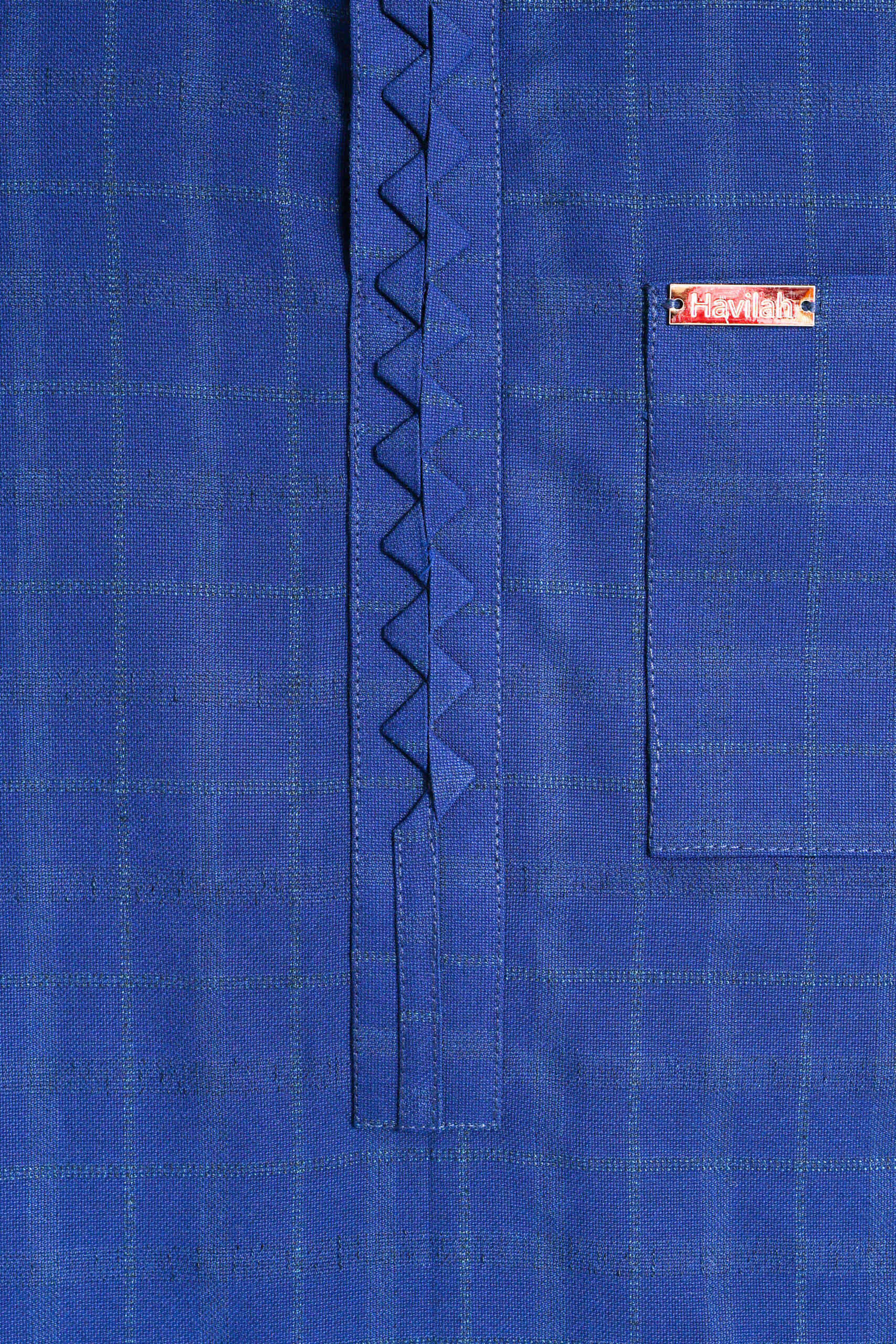 Light Blue Kaftan with Check Pattern and Zigzag Detail
