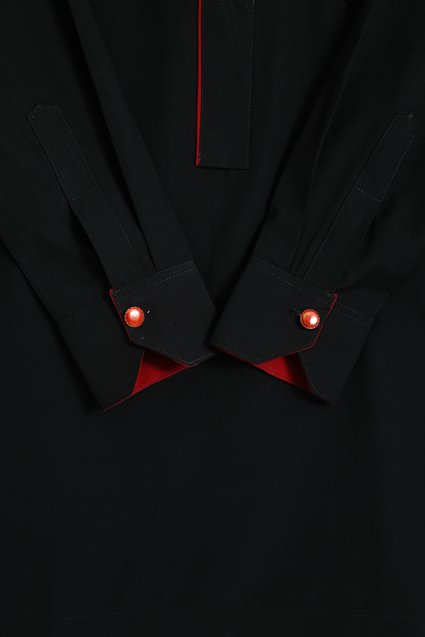 Black Kaftan with Satin Red Finishes