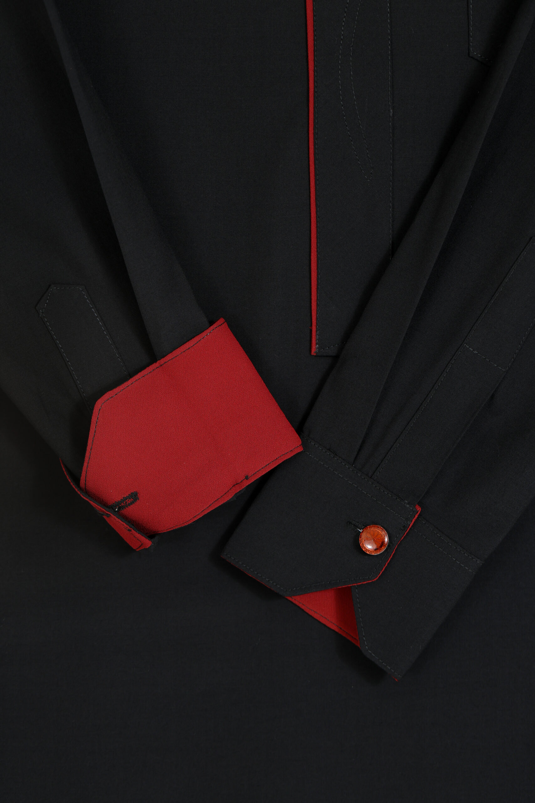 Black Kaftan with Satin Red Finishes