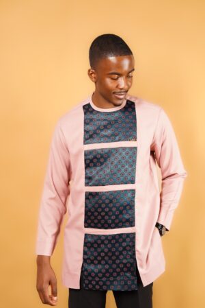 Salmon Pink Kaftan with Petrol Blue Embroidered Stripes