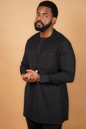 Black Kaftan with Satin Red Finishes