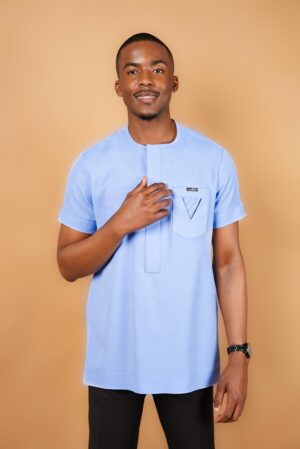 Sky Blue Kaftan with Inverted V Pocket