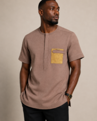 Brown Kaftan with Signature Gold Jacquard Pocket